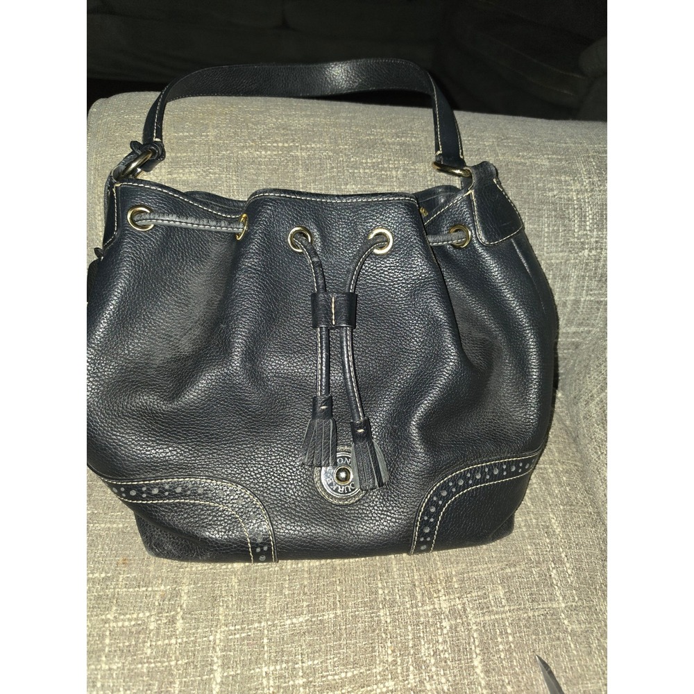 Dooney & Bourke Black Pebbled Leather Drawstring Hobo Shoulder Bag Tassels